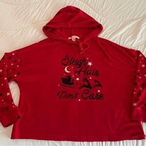 Red Hooded Sweatshirt with Sleigh Hair Print